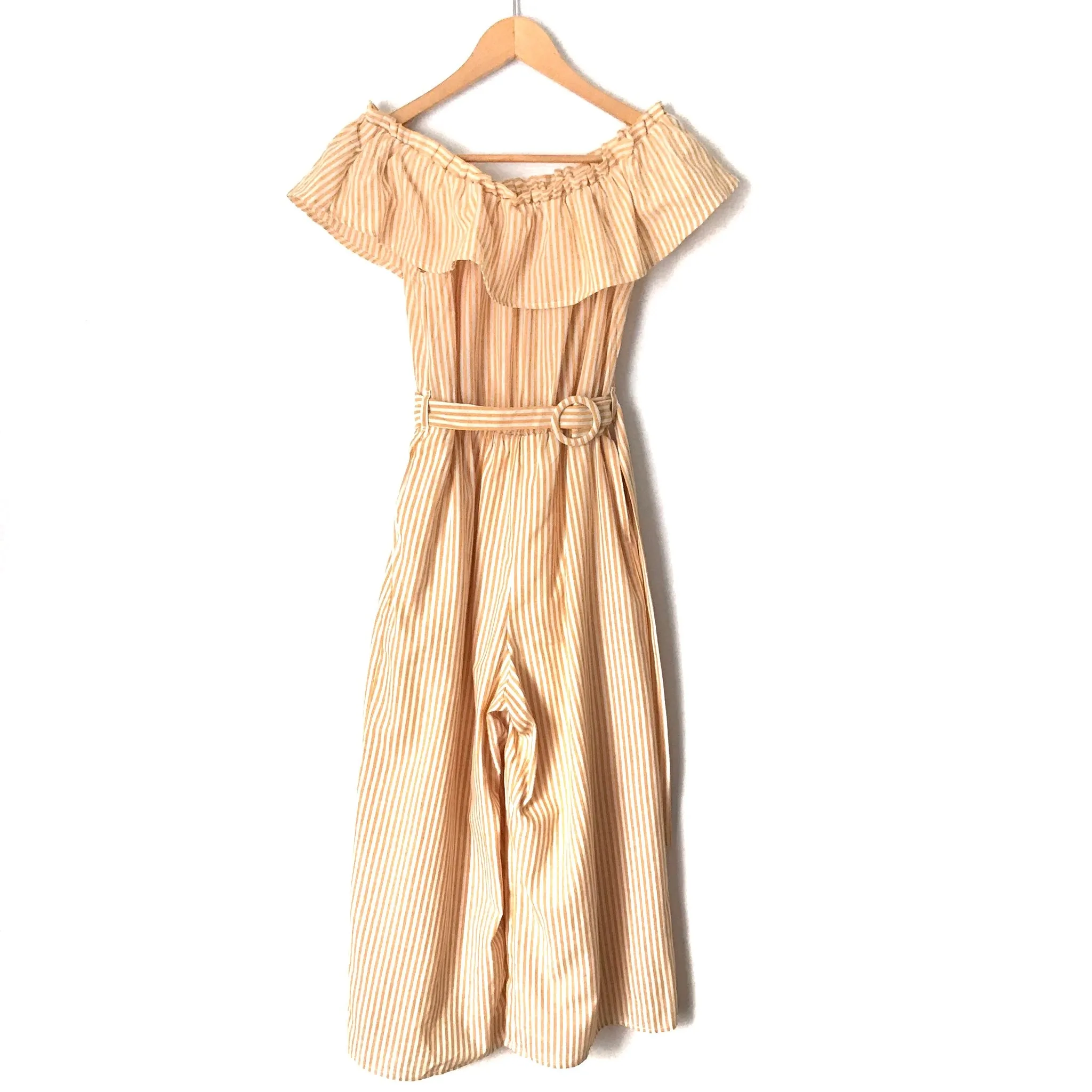 Everly Yellow Striped Off the Shoulder Belted Cropped Jumpsuit- Size S