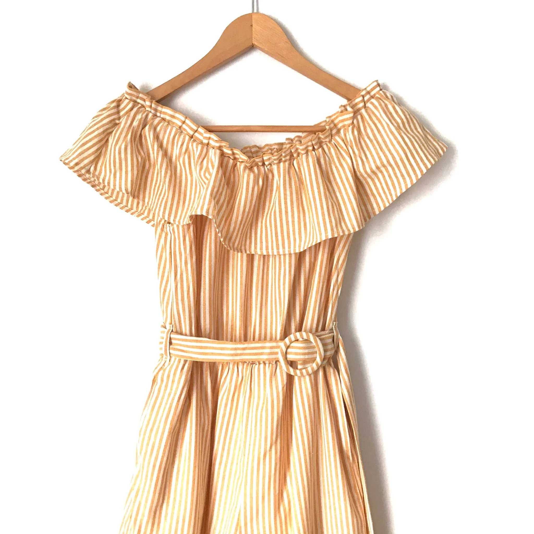 Everly Yellow Striped Off the Shoulder Belted Cropped Jumpsuit- Size S