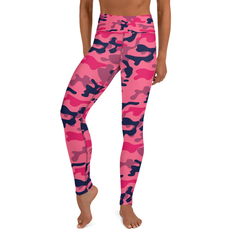 Fuchsia Pink Camouflage Workout Pants, Yoga Leggings For Women Camo High Rise Waist Tights Printed Cute Graphic Gym Activewear