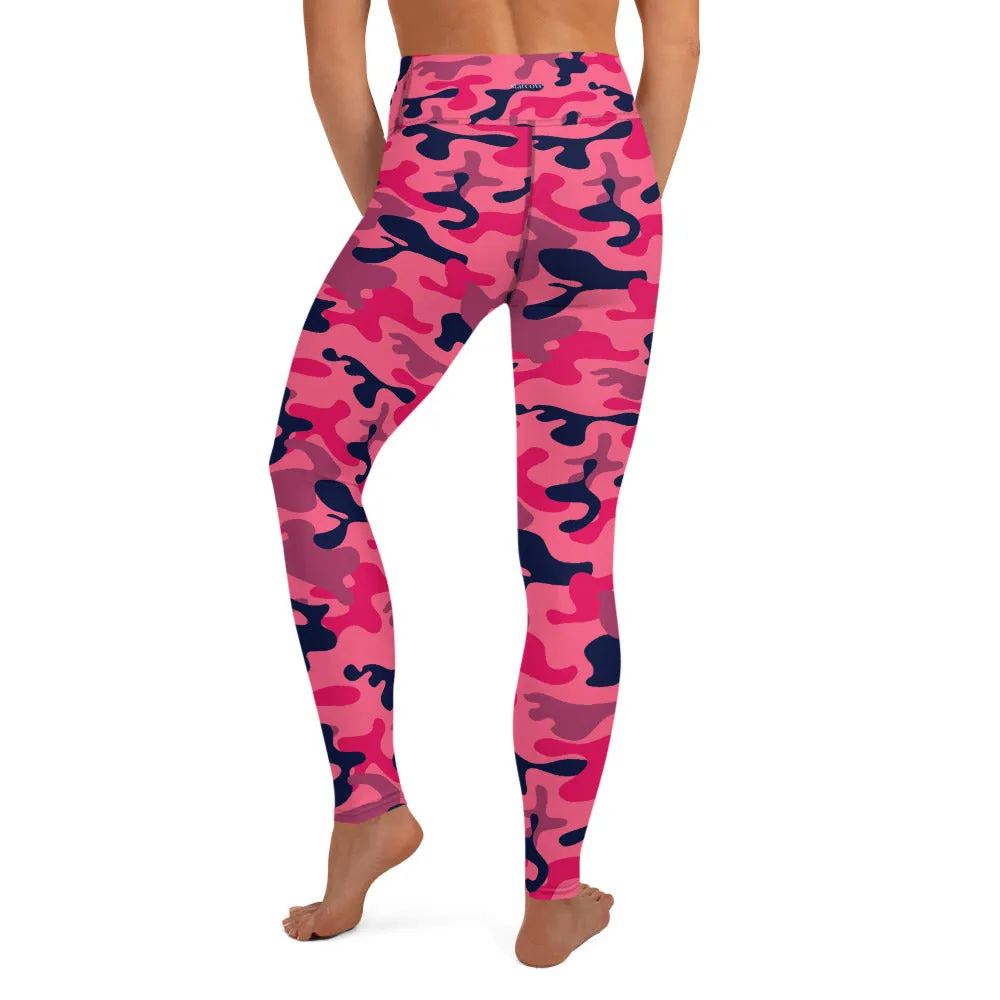 Fuchsia Pink Camouflage Workout Pants, Yoga Leggings For Women Camo High Rise Waist Tights Printed Cute Graphic Gym Activewear