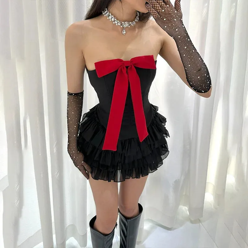 Girlary Women's Y2K 2Pcs Set Strapless Big Bow Irregular Hem Corset Back Tie-up Tube Tops Layered Mini Skirt Summer Outfits