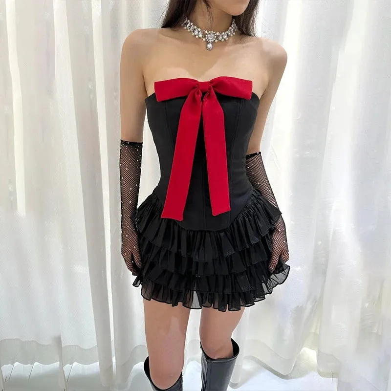 Girlary Women's Y2K 2Pcs Set Strapless Big Bow Irregular Hem Corset Back Tie-up Tube Tops Layered Mini Skirt Summer Outfits