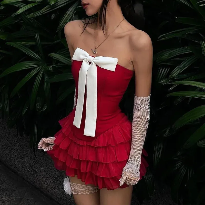 Girlary Women's Y2K 2Pcs Set Strapless Big Bow Irregular Hem Corset Back Tie-up Tube Tops Layered Mini Skirt Summer Outfits