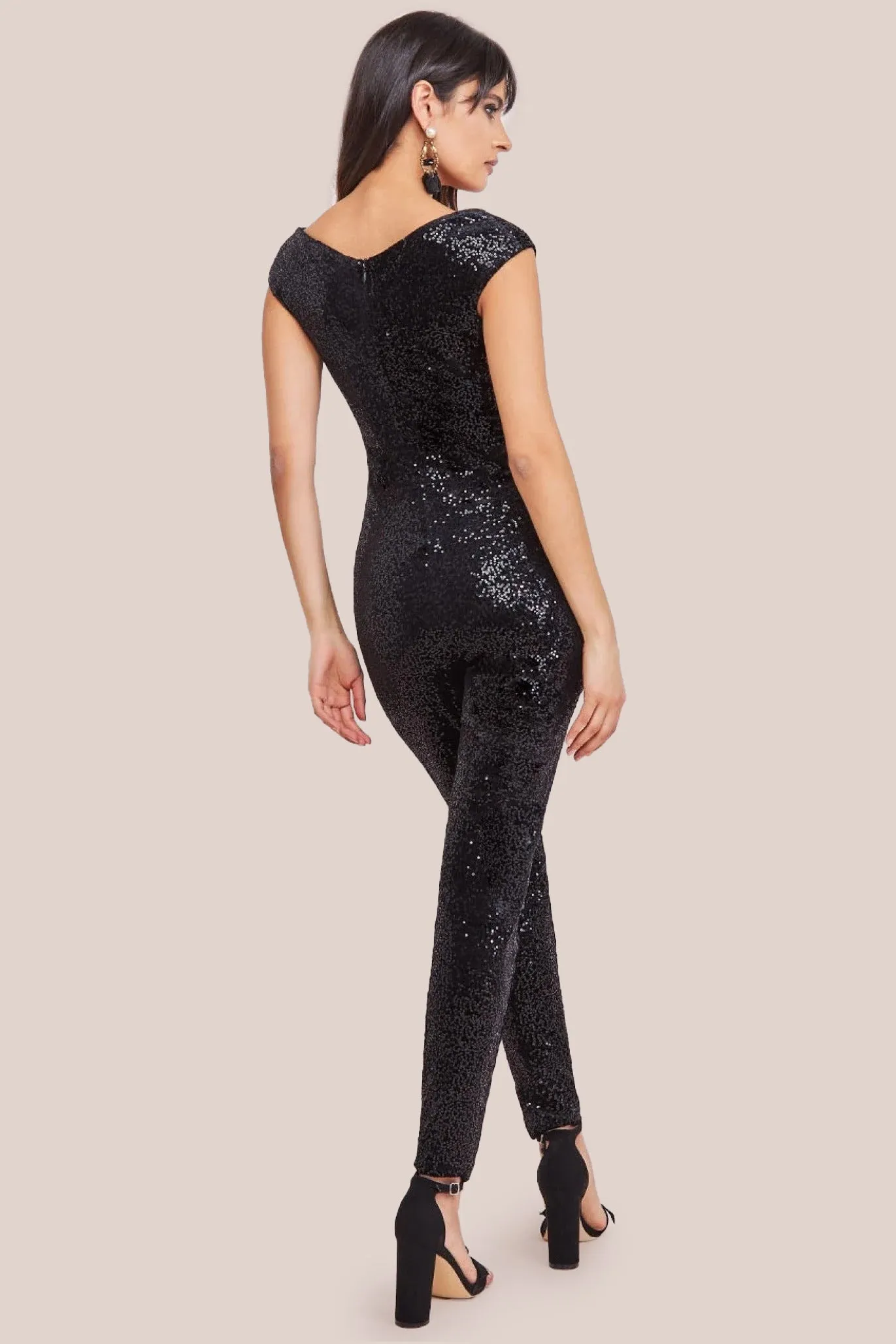 Goddiva Sequin Velvet Bardot Jumpsuit - Black