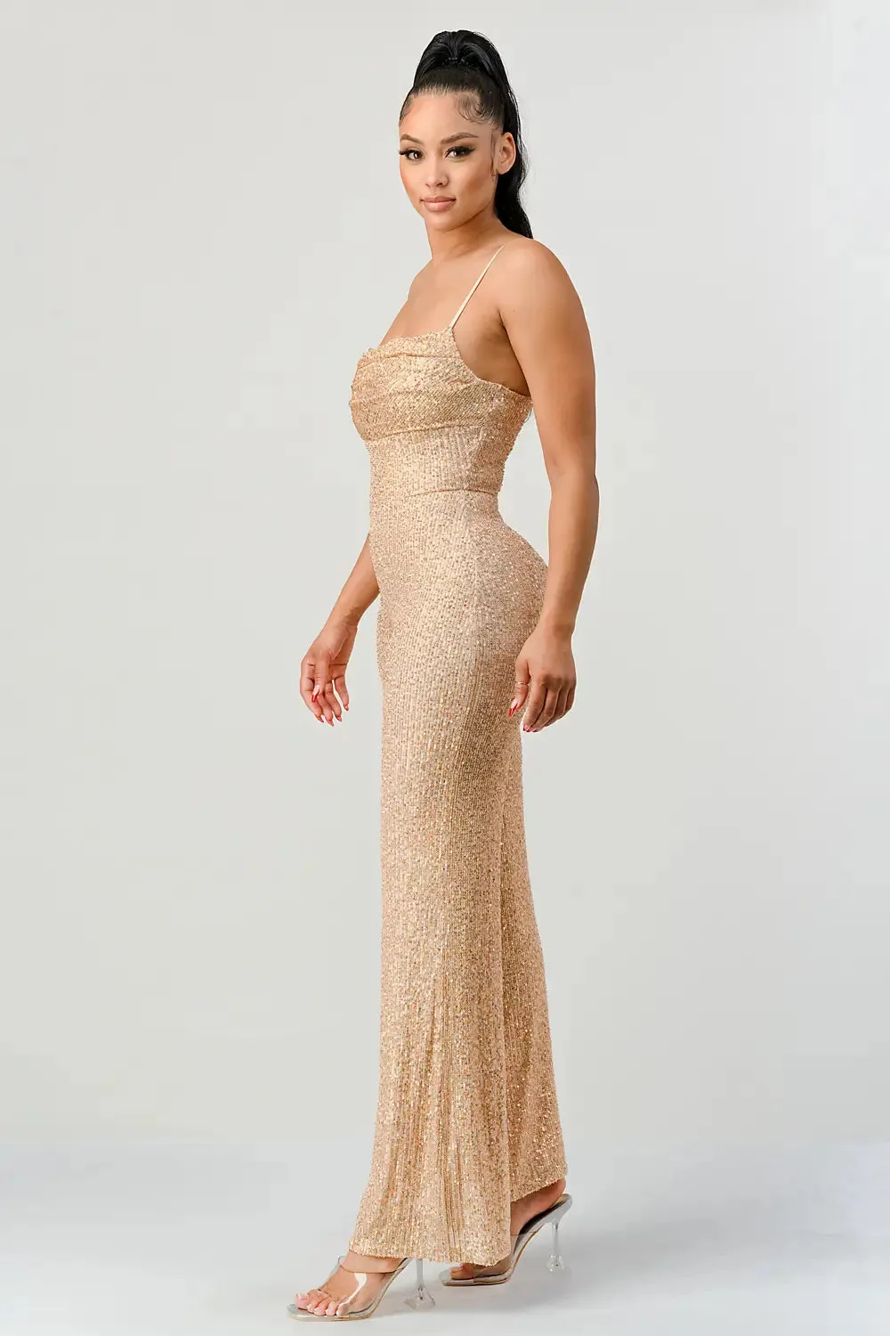 Gold Sequin Cowl Neck Jumpsuit