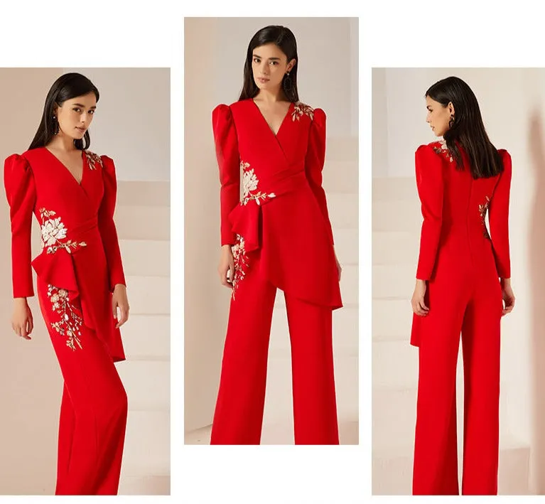 Gorgeous high end jumpsuit women's red business formal dress fashionable party host clothing slim jumpsuit- Tony