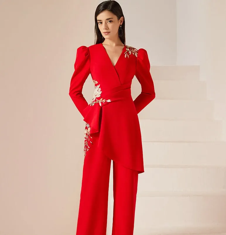 Gorgeous high end jumpsuit women's red business formal dress fashionable party host clothing slim jumpsuit- Tony