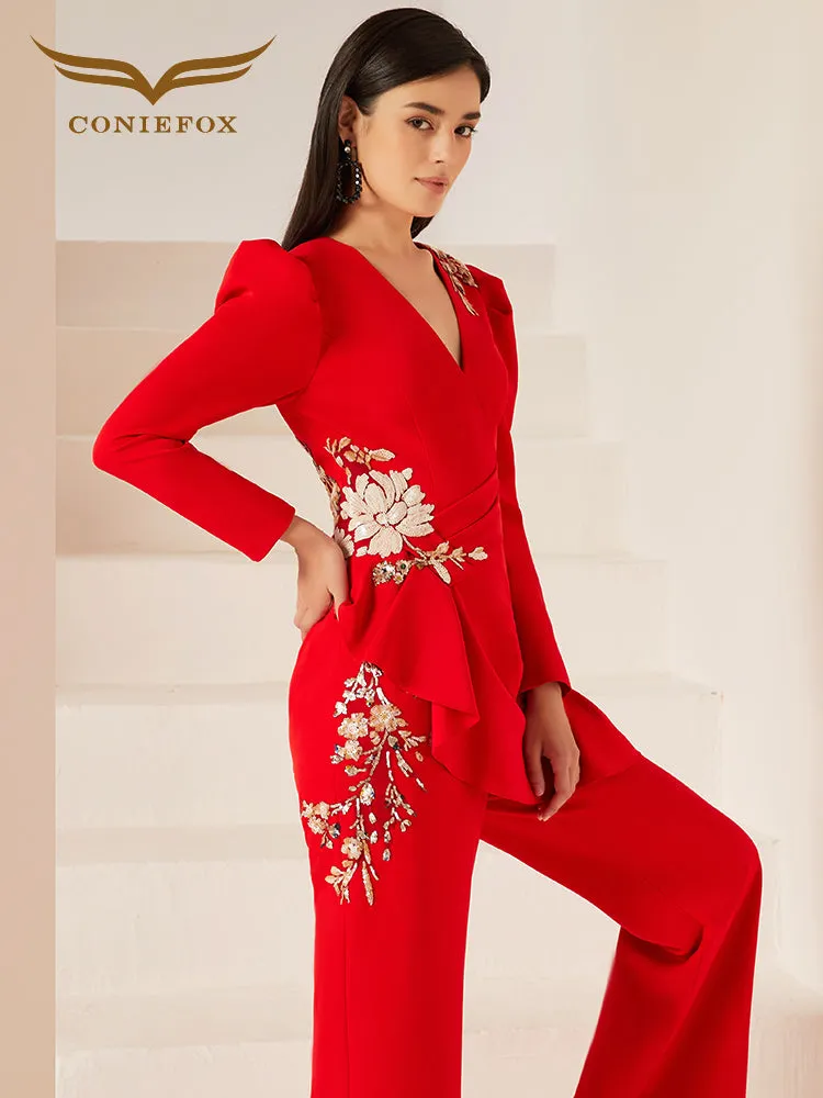 Gorgeous high end jumpsuit women's red business formal dress fashionable party host clothing slim jumpsuit- Tony