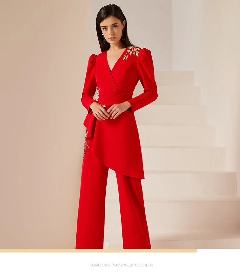 Gorgeous high end jumpsuit women's red business formal dress fashionable party host clothing slim jumpsuit- Tony