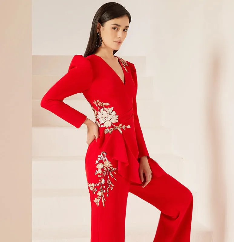 Gorgeous high end jumpsuit women's red business formal dress fashionable party host clothing slim jumpsuit- Tony