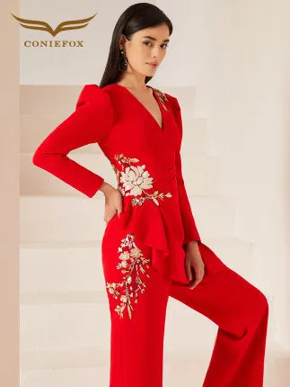 Gorgeous high end jumpsuit women's red business formal dress fashionable party host clothing slim jumpsuit- Tony