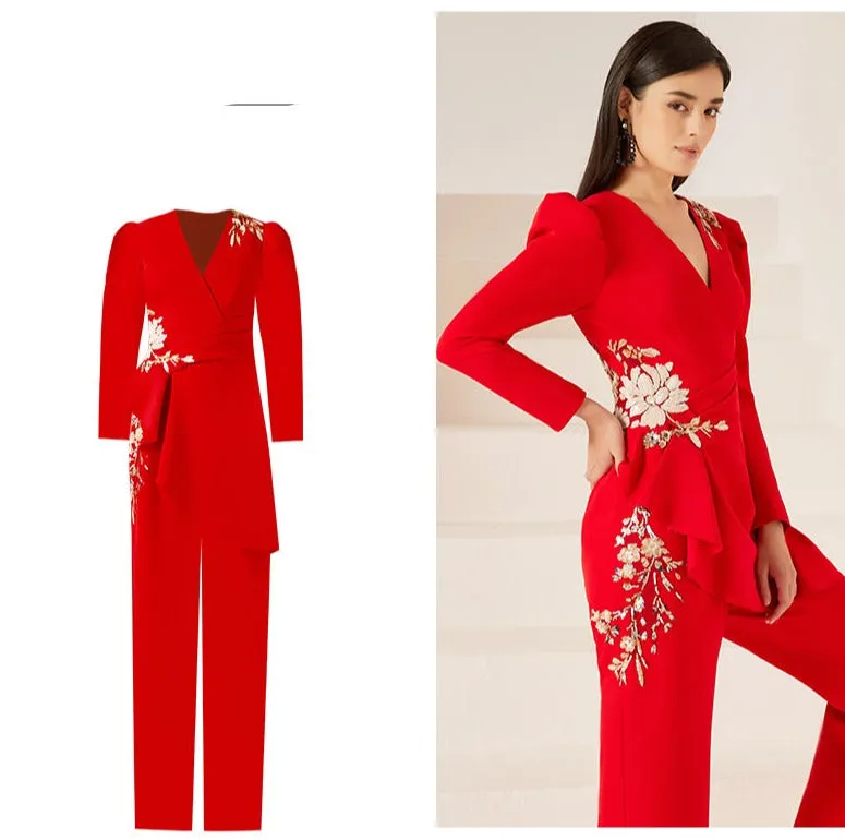 Gorgeous high end jumpsuit women's red business formal dress fashionable party host clothing slim jumpsuit- Tony