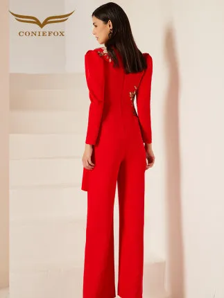 Gorgeous high end jumpsuit women's red business formal dress fashionable party host clothing slim jumpsuit- Tony