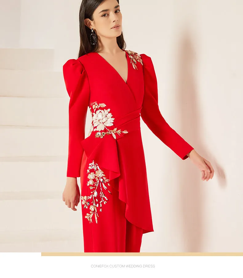 Gorgeous high end jumpsuit women's red business formal dress fashionable party host clothing slim jumpsuit- Tony