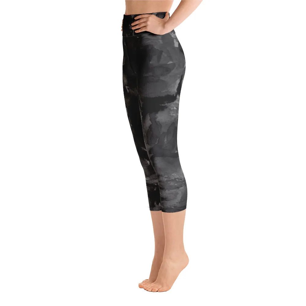 Gray Rose Floral Capri Leggings, Best Women's Yoga Pants For Women- Made in USA/EU