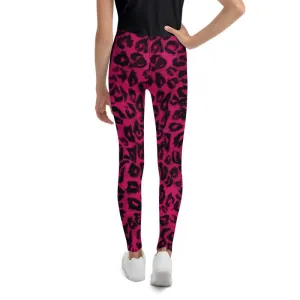 Hot Pink Leopard Youth Leggings, Animal Print Tights Compression Pants- Made in USA/EU