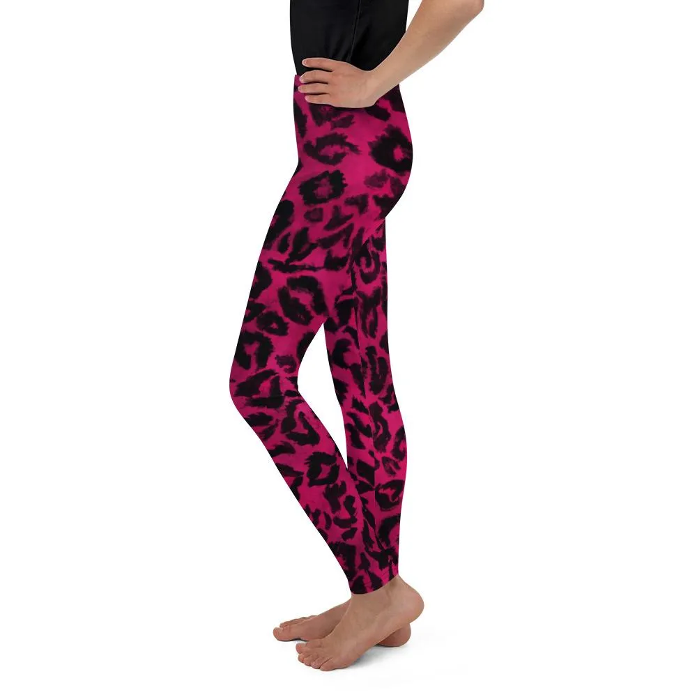 Hot Pink Leopard Youth Leggings, Animal Print Tights Compression Pants- Made in USA/EU