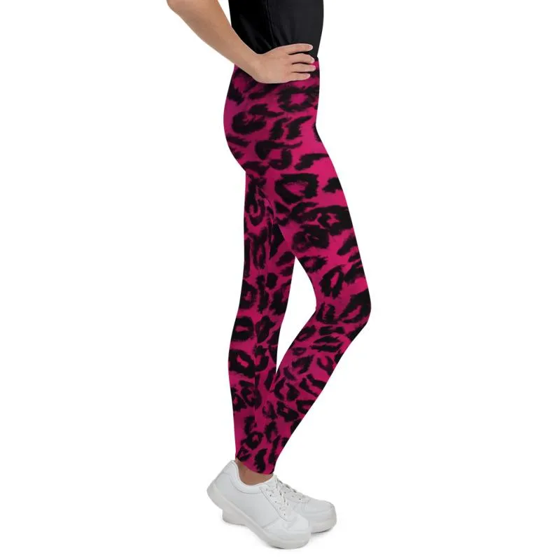 Hot Pink Leopard Youth Leggings, Animal Print Tights Compression Pants- Made in USA/EU