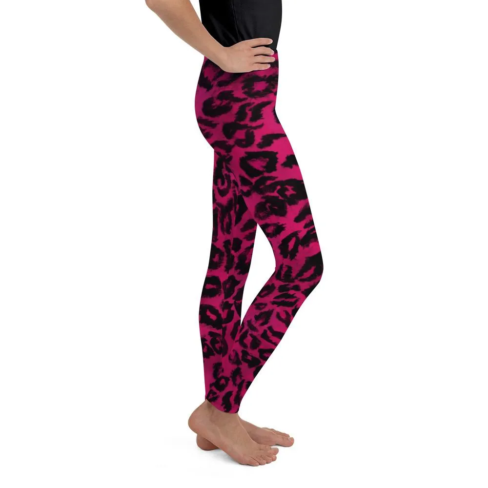 Hot Pink Leopard Youth Leggings, Animal Print Tights Compression Pants- Made in USA/EU