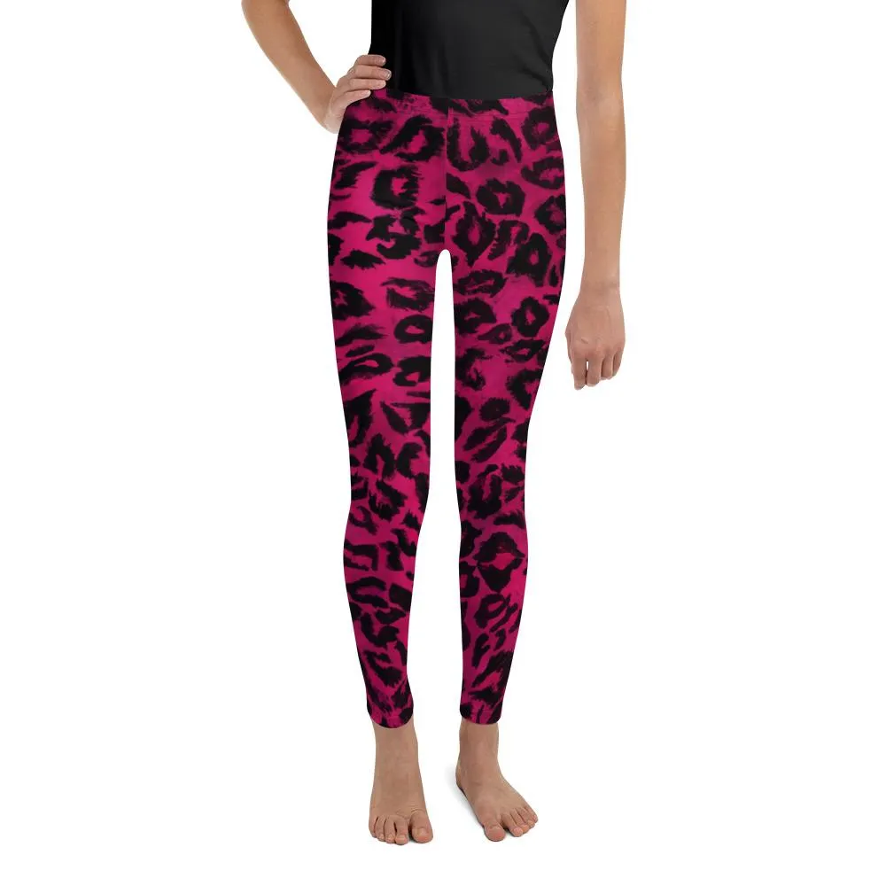 Hot Pink Leopard Youth Leggings, Animal Print Tights Compression Pants- Made in USA/EU