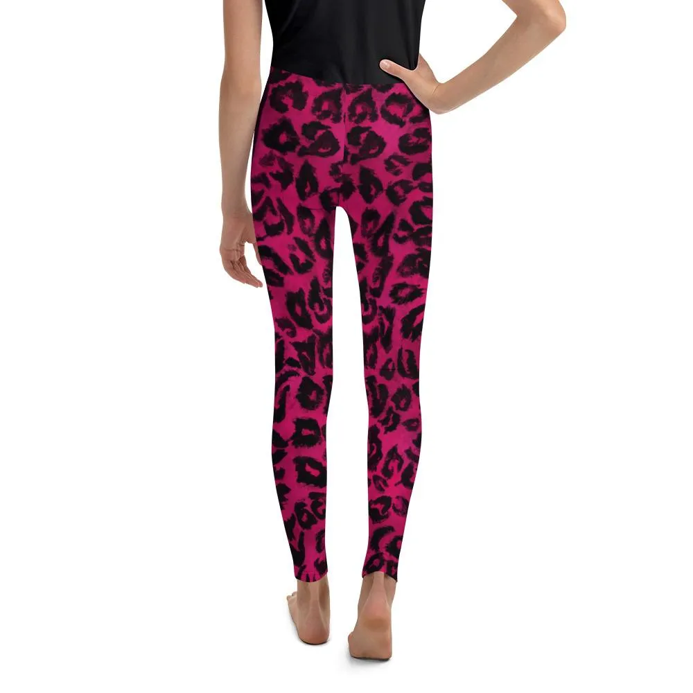 Hot Pink Leopard Youth Leggings, Animal Print Tights Compression Pants- Made in USA/EU