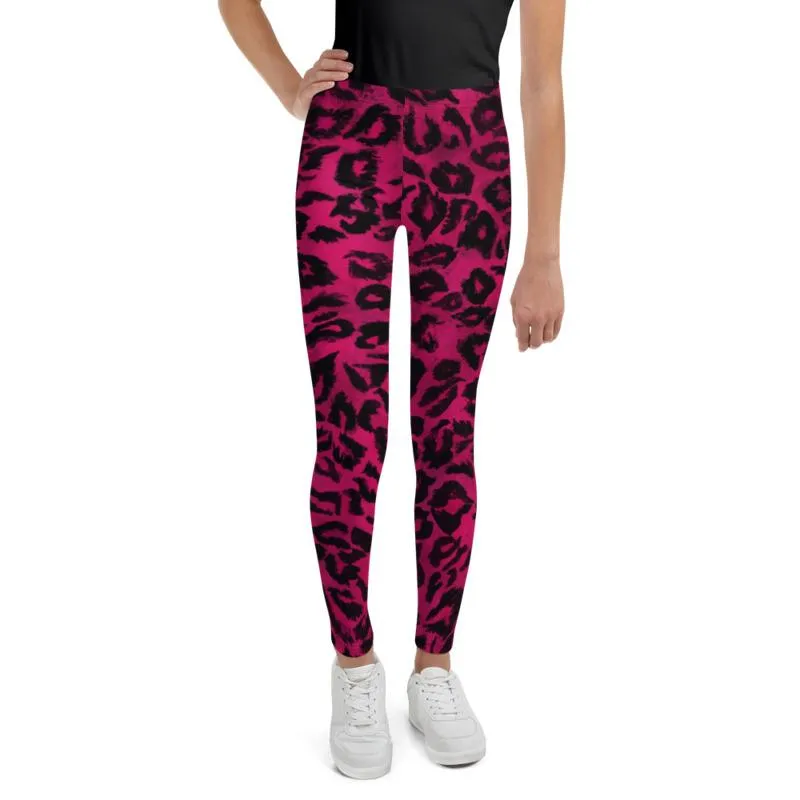Hot Pink Leopard Youth Leggings, Animal Print Tights Compression Pants- Made in USA/EU