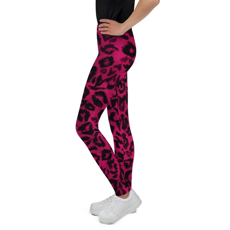 Hot Pink Leopard Youth Leggings, Animal Print Tights Compression Pants- Made in USA/EU