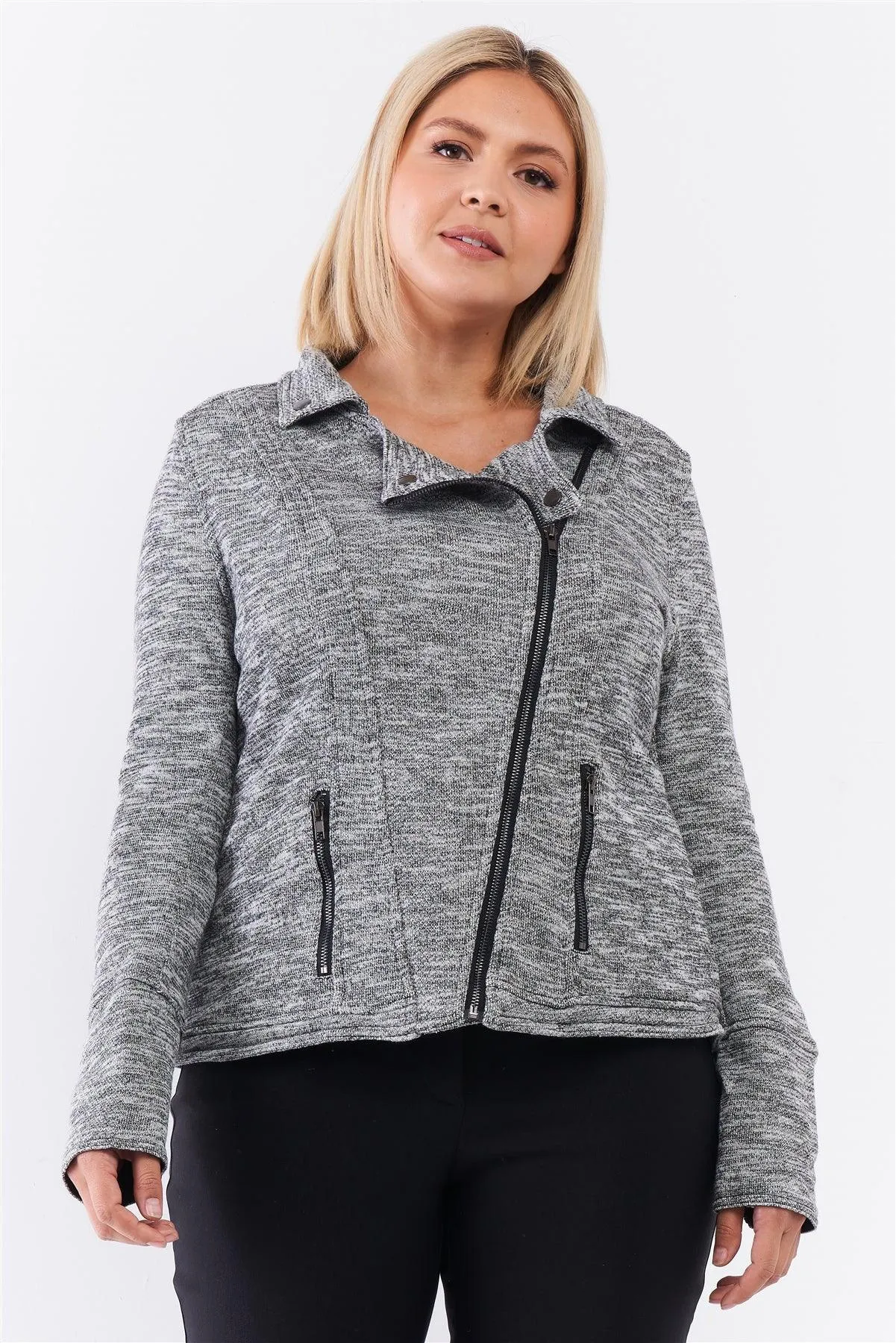Junior Plus Heather Grey Knit Asymmetrical Zipper Front Long Sleeve Fitted Moto Jacket /3-2