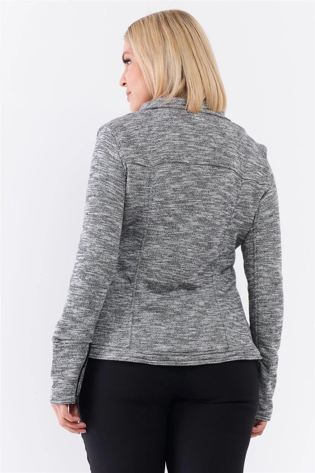 Junior Plus Heather Grey Knit Asymmetrical Zipper Front Long Sleeve Fitted Moto Jacket /3-2