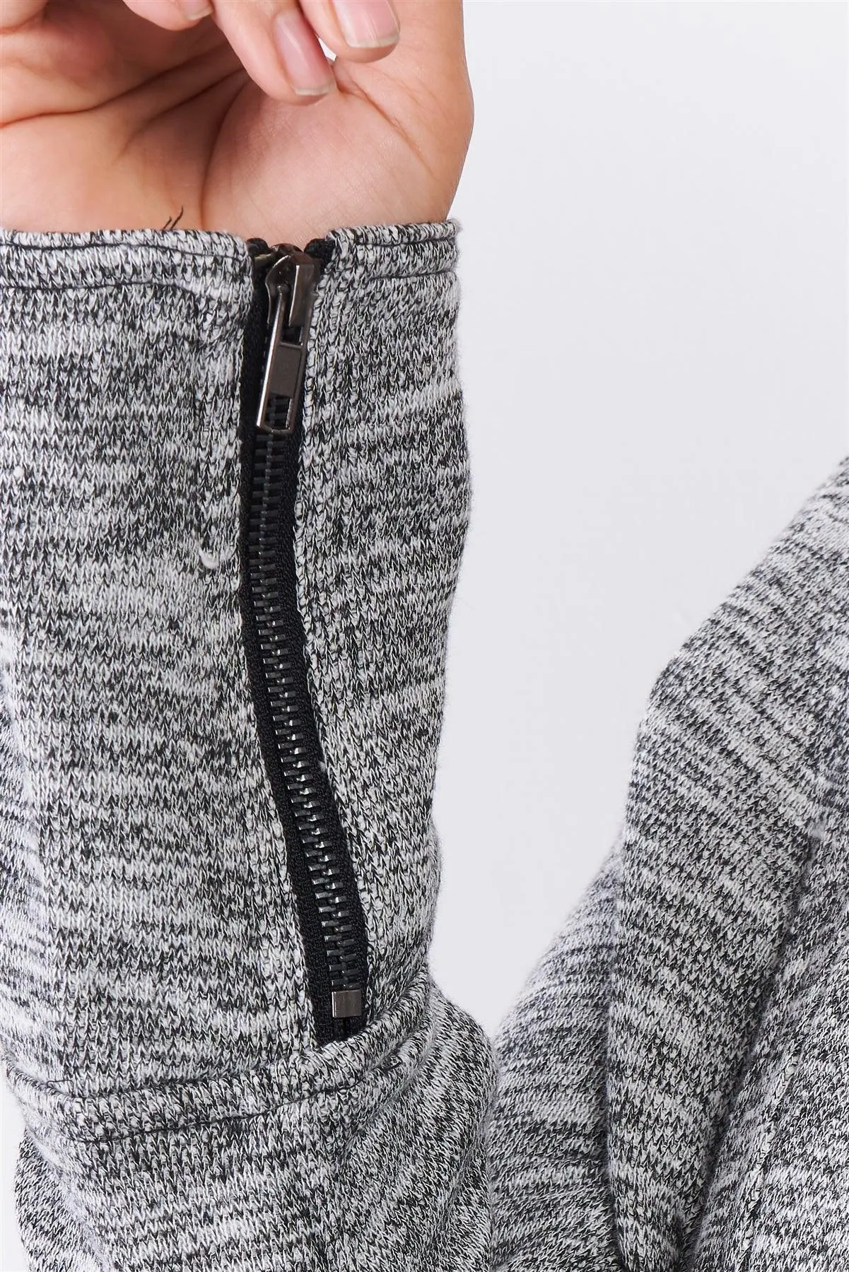 Junior Plus Heather Grey Knit Asymmetrical Zipper Front Long Sleeve Fitted Moto Jacket /3-2