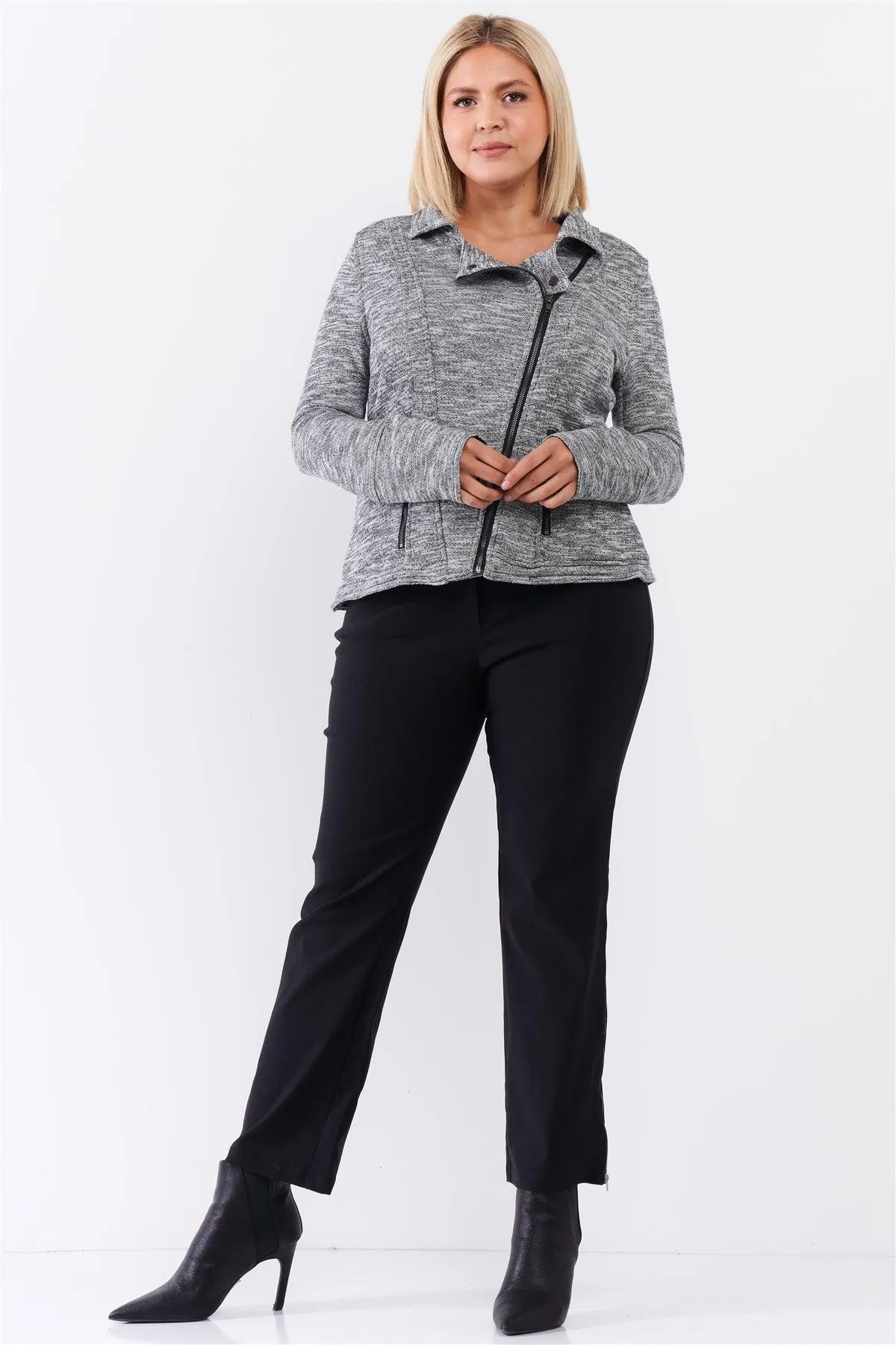 Junior Plus Heather Grey Knit Asymmetrical Zipper Front Long Sleeve Fitted Moto Jacket /3-2