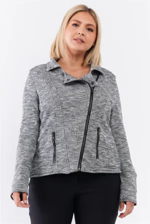 Junior Plus Heather Grey Knit Asymmetrical Zipper Front Long Sleeve Fitted Moto Jacket /3-2