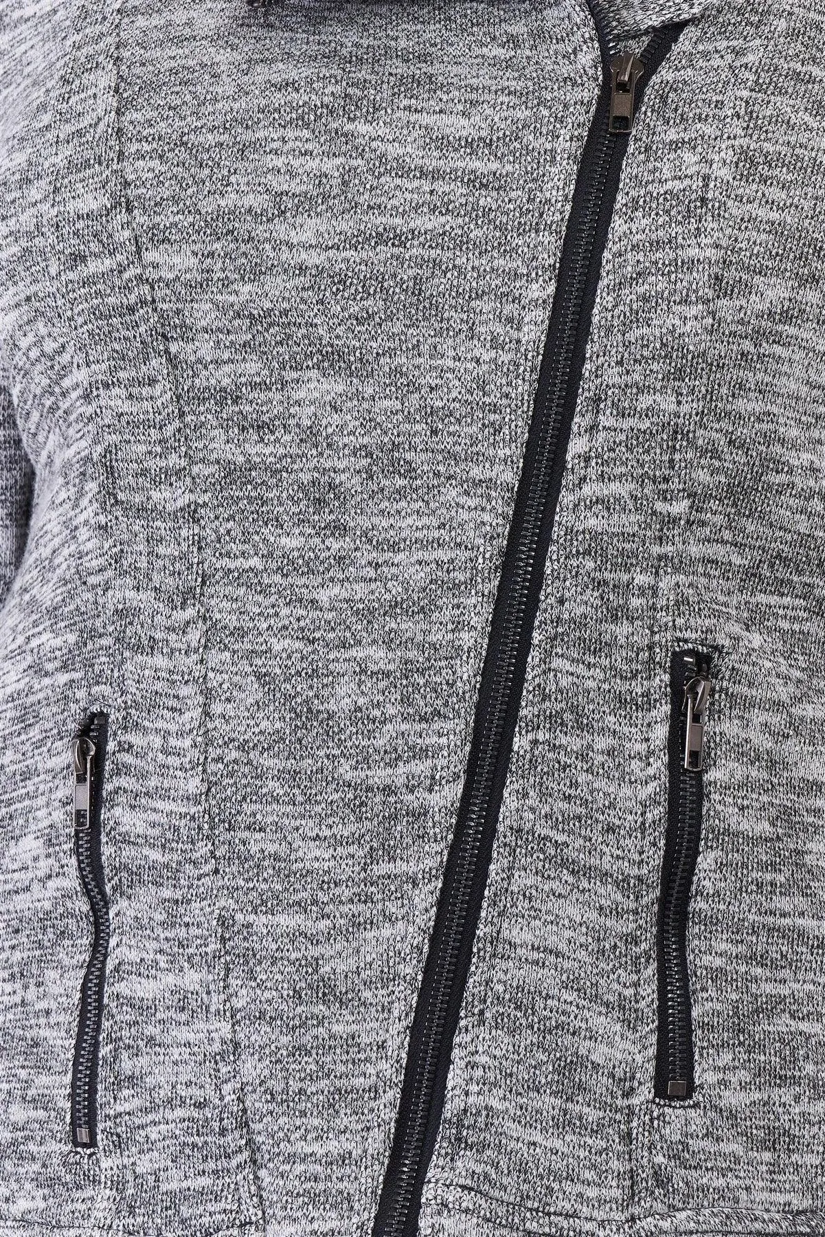 Junior Plus Heather Grey Knit Asymmetrical Zipper Front Long Sleeve Fitted Moto Jacket /3-2