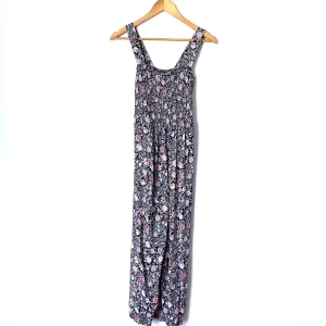 LOFT Black Floral Smocked Bodice Cropped Wide Leg Jumpsuit- Size XS