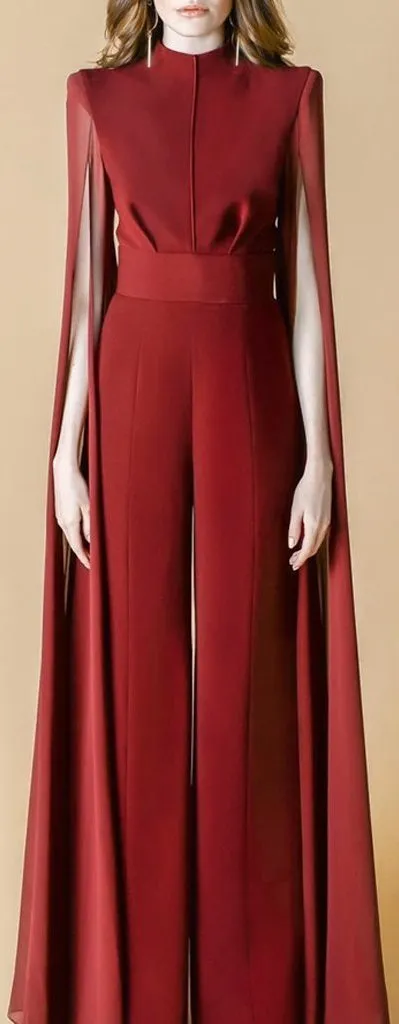 Long-Tulle-Sleeve Jumpsuit, Red