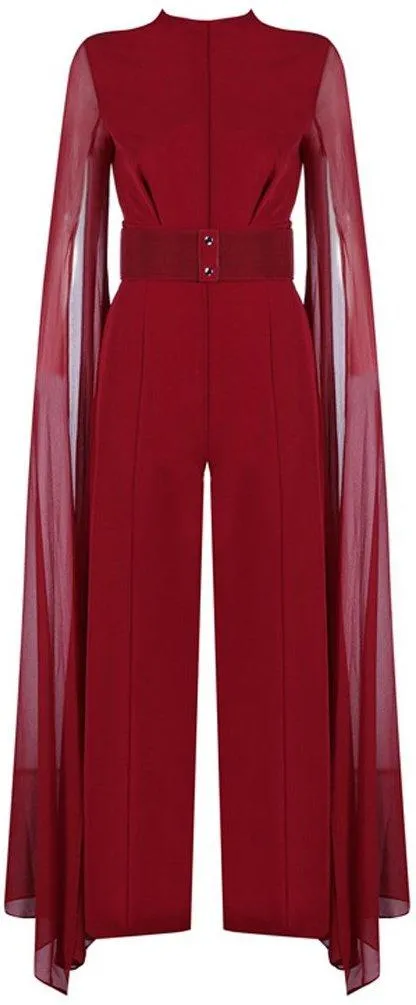 Long-Tulle-Sleeve Jumpsuit, Red