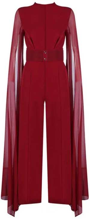 Long-Tulle-Sleeve Jumpsuit, Red