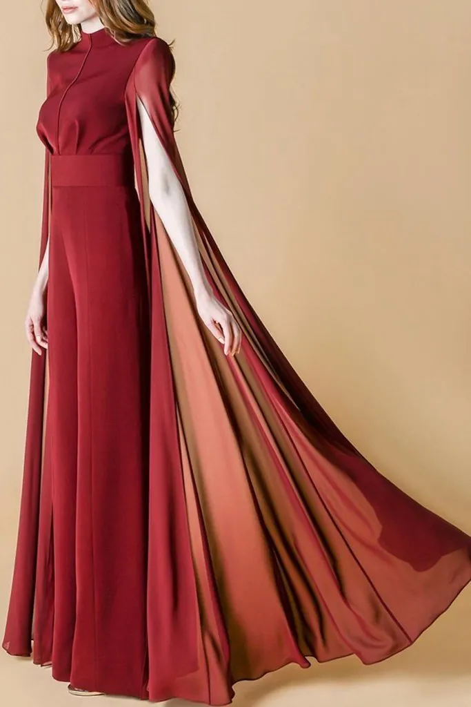 Long-Tulle-Sleeve Jumpsuit, Red