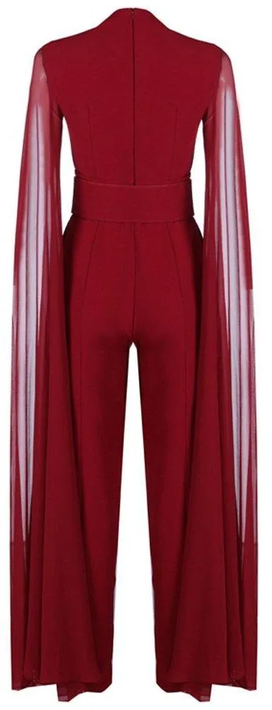 Long-Tulle-Sleeve Jumpsuit, Red