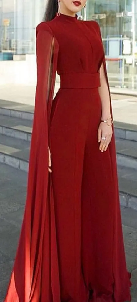 Long-Tulle-Sleeve Jumpsuit, Red