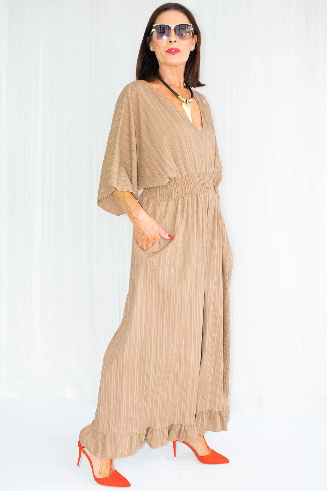 Luciana Wide Leg Palazzo Jumpsuit in Warm Mocha