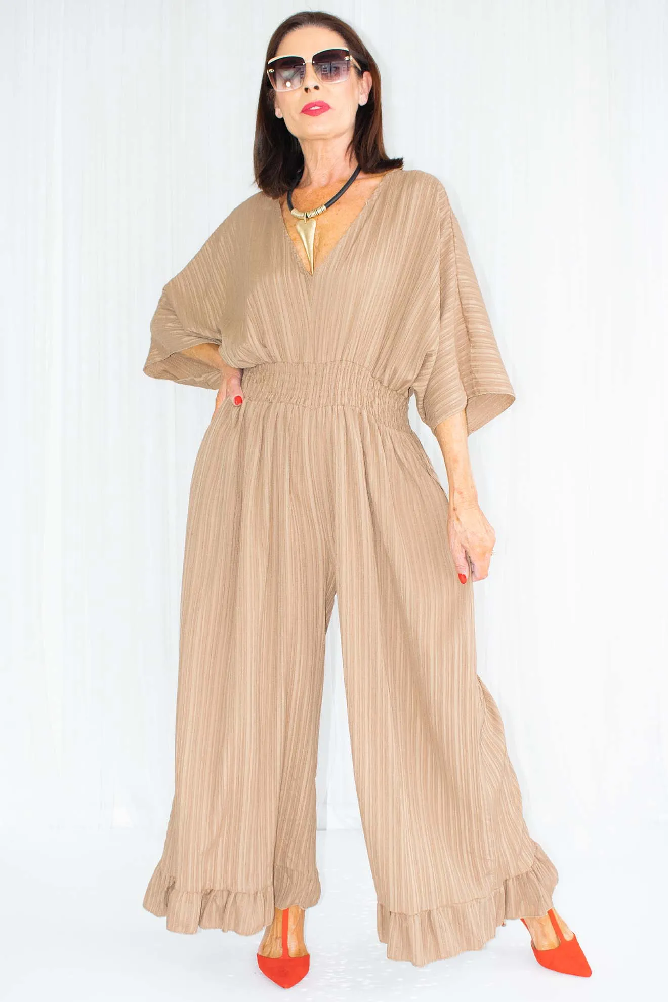 Luciana Wide Leg Palazzo Jumpsuit in Warm Mocha
