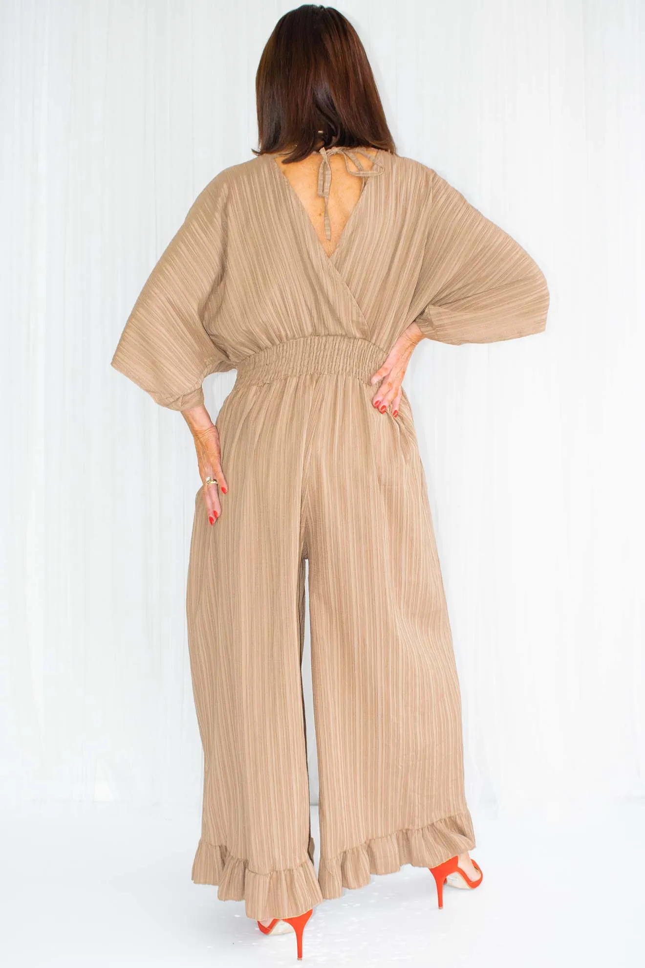 Luciana Wide Leg Palazzo Jumpsuit in Warm Mocha
