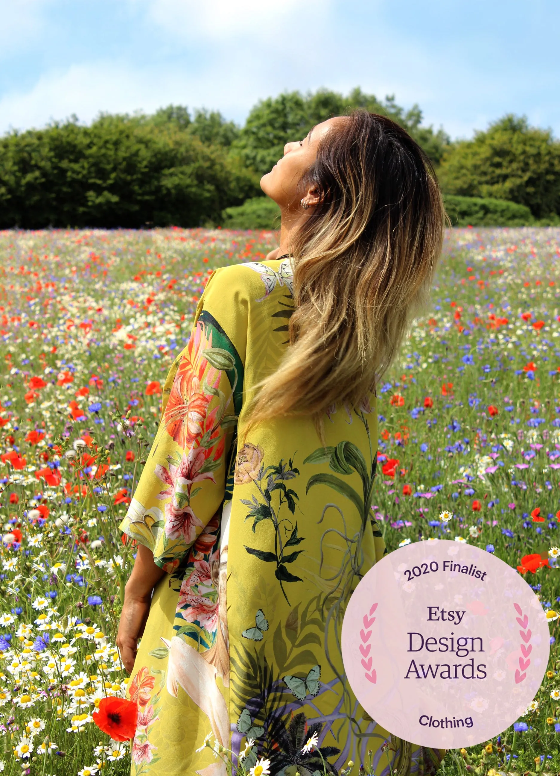 Luxury Lounge Silk Kimono Jacket in size S/M, handmade with unique botanical illustrations 'Enticement' print