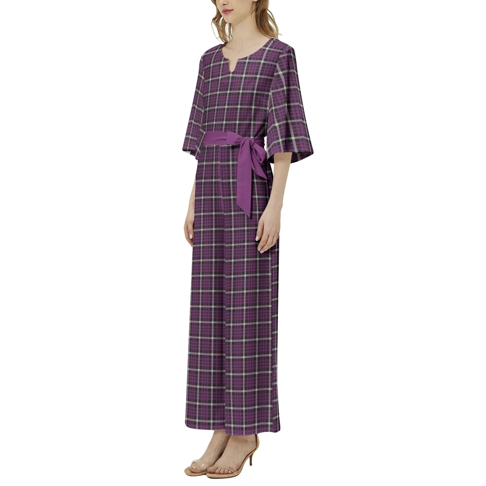 M Kemp Purple Plaid Dolman Sleeve Belted Wide Leg Jumpsuit