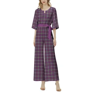 M Kemp Purple Plaid Dolman Sleeve Belted Wide Leg Jumpsuit