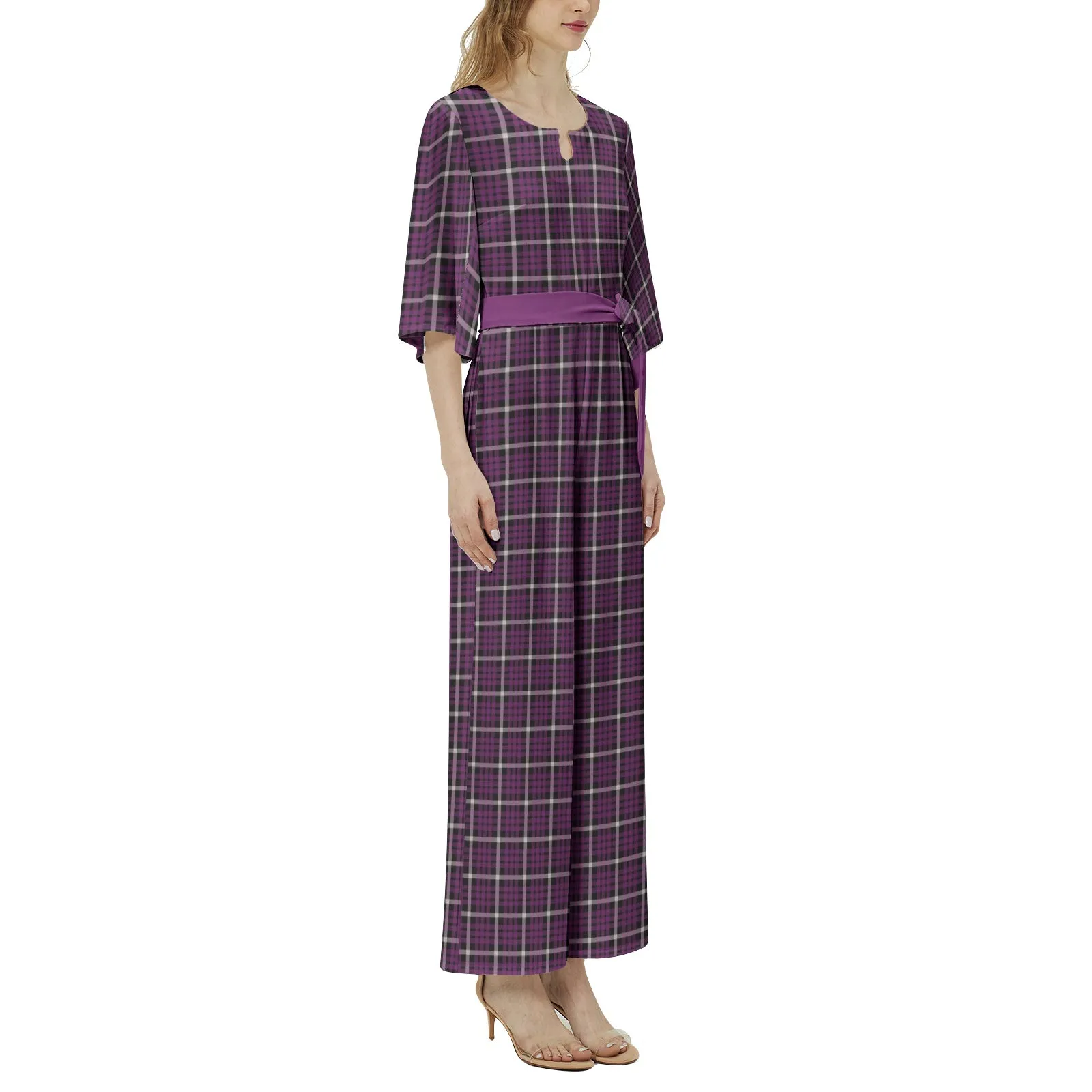 M Kemp Purple Plaid Dolman Sleeve Belted Wide Leg Jumpsuit