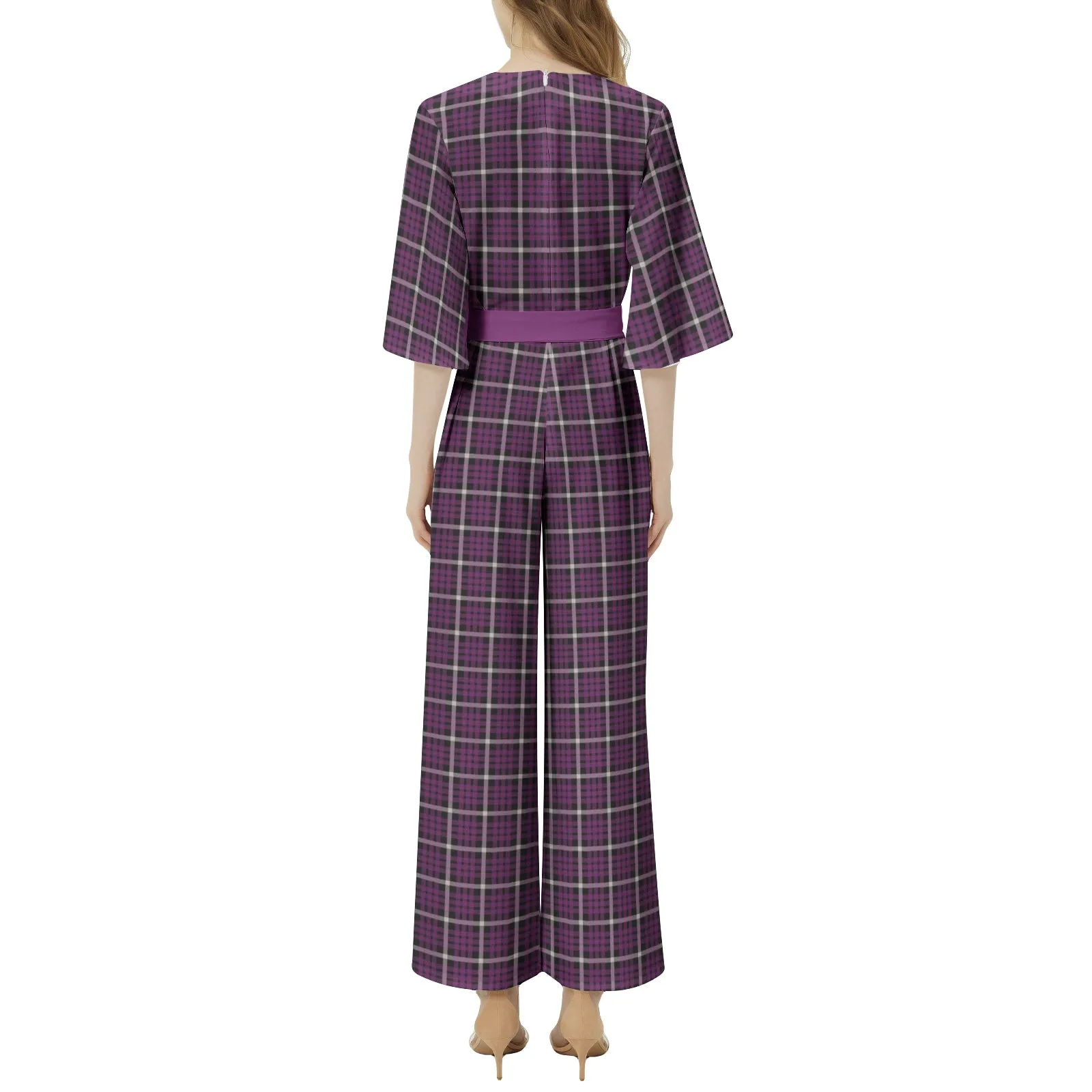 M Kemp Purple Plaid Dolman Sleeve Belted Wide Leg Jumpsuit