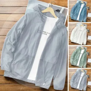 Men Sunscreen Coat Thin Zipper Closure Solid Color Summer Outdoor Sports Sun Protection Hooded Jacket Daily Wear