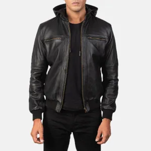 Mens Black Leather Hooded Jacket